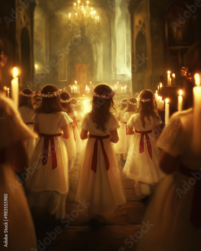 Young Girls in White Dresses and Candle Crowns in a Santa Lucia Church Procession
