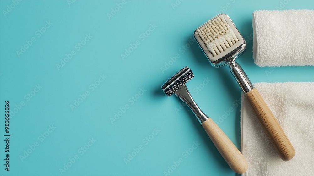 Fototapeta premium Two skincare tools for facial treatment placed on a turquoise background along with a white towel, highlighting self-care essentials