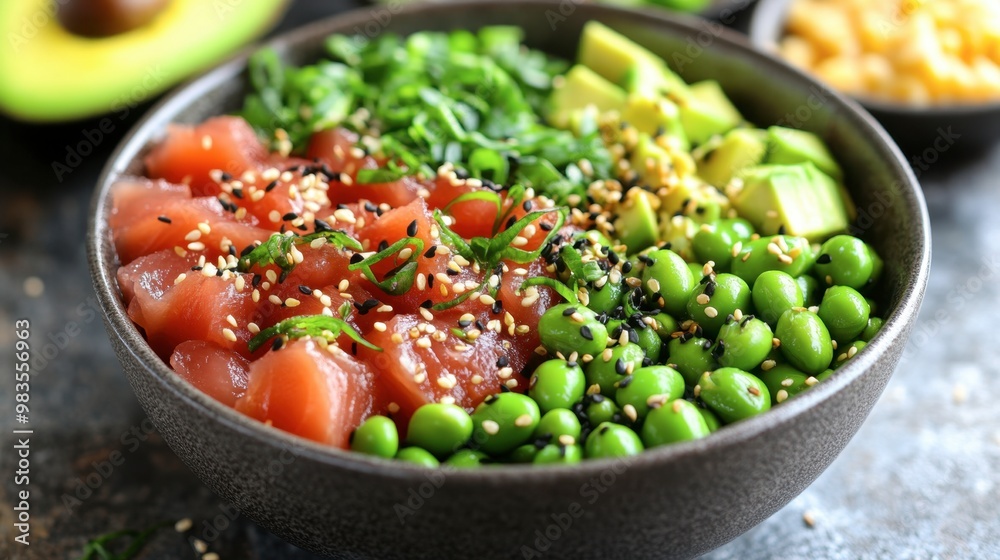 A delicious and colorful poke bowl with tuna, avocado, edamame, and a tangy soy sauce dressing.