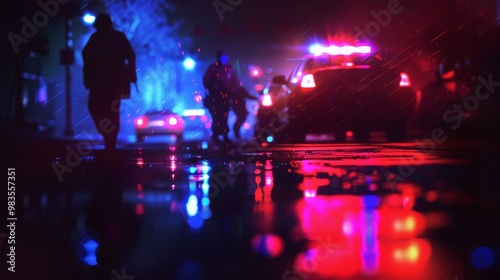 Dramatic photo of police flashing lights at a crime scene creating a surreal atmosphere