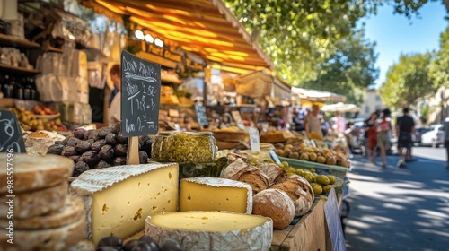 A farmer's market in Provence, with stalls of cheese, bread, and olives under a bright blue sky.