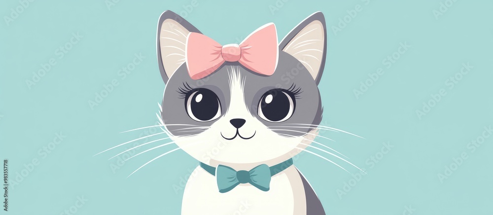 Cartoon cat with a bow on its head in a flat color style Cartoon cat with a bow on its head in a flat color style