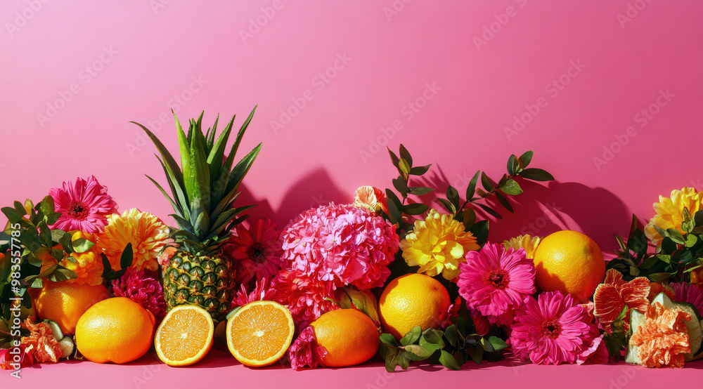 A colorful arrangement of fruit and flowers on a pink background. The fruit includes oranges, lemons, and pineapple, while the flowers include daisies and roses. The arrangement creates a cheerful A colorful arrangement of fruit and flowers on a pink background. The fruit includes oranges, lemons, and pineapple, while the flowers include daisies and roses. The arrangement creates a cheerful