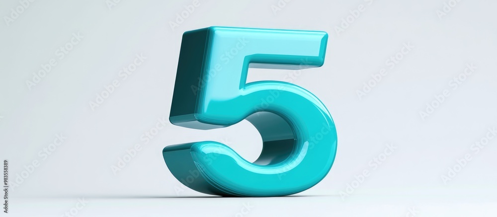 Teal colored 3D sign featuring the number five set against a white background created as a digital illustration Teal colored 3D sign featuring the number five set against a white background created as a digital illustration