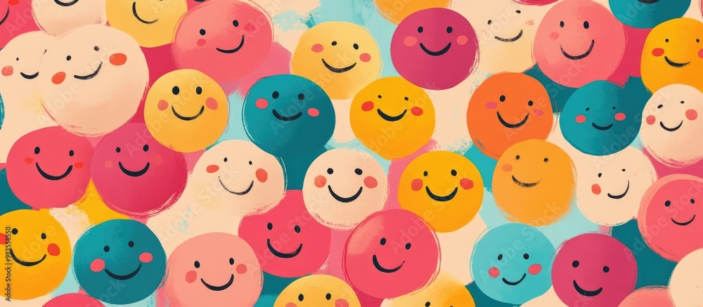 Colorful backdrop featuring a playful pattern of cheerful smiley faces Colorful backdrop featuring a playful pattern of cheerful smiley faces
