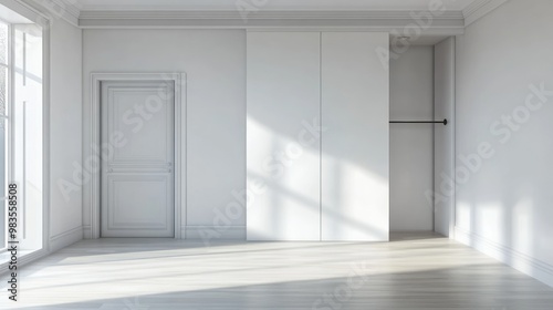 Minimalistic Scandinavian interior featuring an empty room with a wardrobe 3D rendering of a contemporary home space