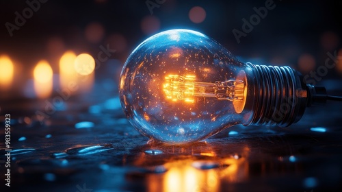 A glowing light bulb on a reflective surface with candles in the background.