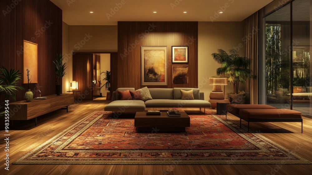 Fototapeta premium Elegant living room with mid-century modern furniture, a large rug, and warm lighting, creating a stylish and cozy environment