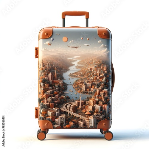 Blue suitcase with travel elements 
