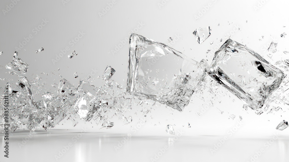 Shattered ice cubes creating a dynamic, frozen motion effect.