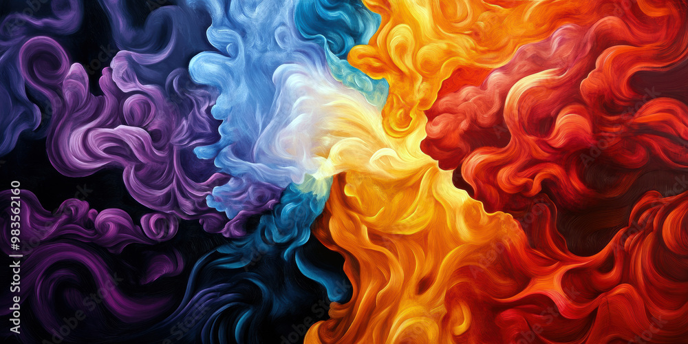 A painting of colorful smoke with a yellow flame in the middle. The painting is abstract and has a sense of movement and energy A painting of colorful smoke with a yellow flame in the middle. The painting is abstract and has a sense of movement and energy