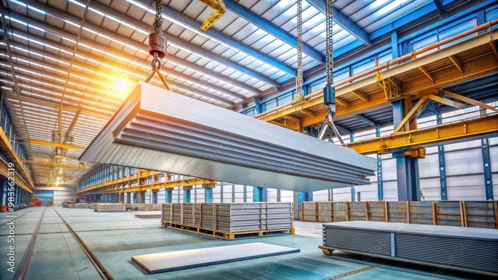 Steel sheet being lifted by crane in industrial plant for manufacturing process