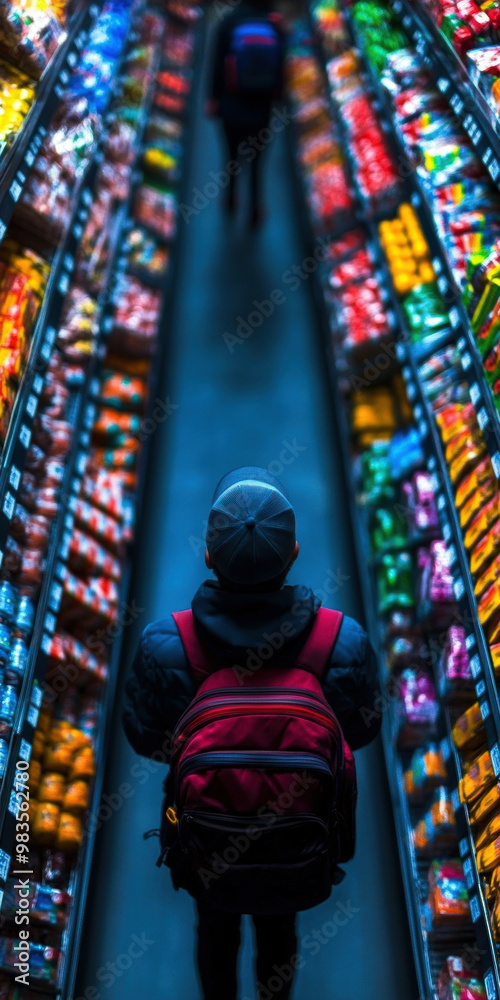 Obraz premium A person wearing a red backpack is walking down a grocery aisle. The aisle is filled with a variety of food items, including fruits and vegetables. The person appears to be focused on their shopping