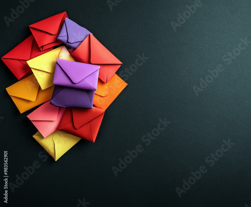 A pile of colorful envelopes on a black background. The envelopes are of different colors and sizes, and they are arranged in a way that they look like a stack of cards photo