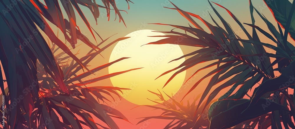 Artwork featuring green palm leaves against a sunset backdrop Artwork featuring green palm leaves against a sunset backdrop