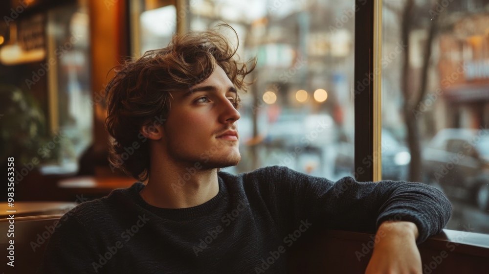 A man with thick, voluminous hair sitting in a stylish , his hair perfectly framing his face as he looks out the window. A man with thick, voluminous hair sitting in a stylish , his hair perfectly framing his face as he looks out the window.