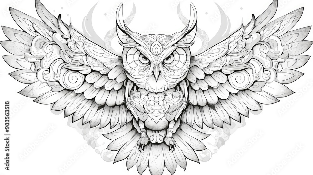Fototapeta premium Zentangle style owl illustration filled with decorative patterns designed for adult coloring book pages and stress relief ink drawing