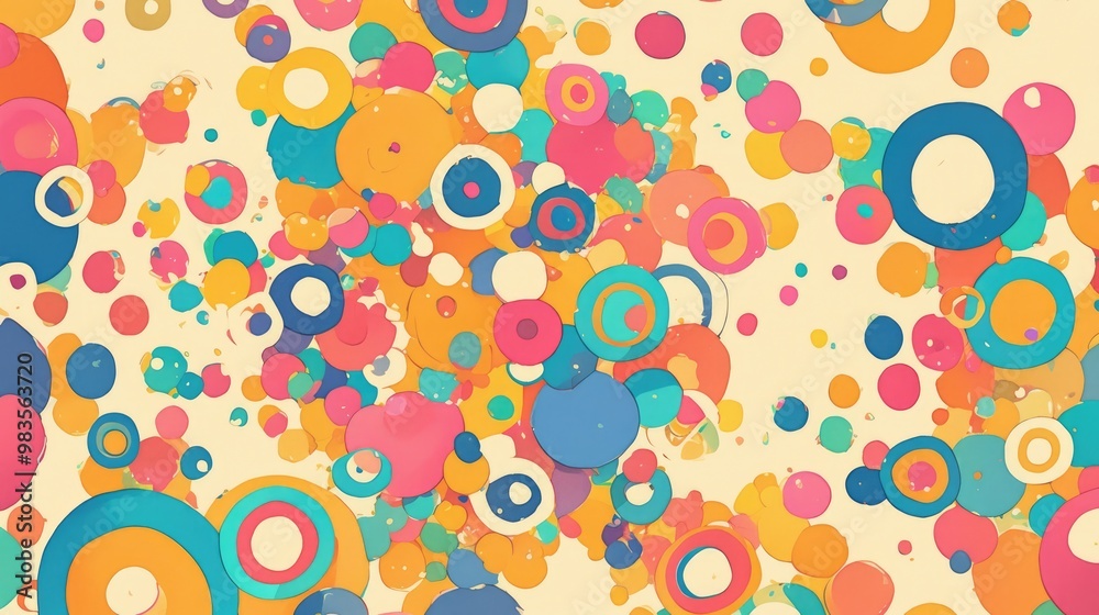 Fototapeta premium Vibrant abstract circles in shades of blue red pink green and yellow create a playful textile pattern suitable for children featuring a multicolored background with pastel accents