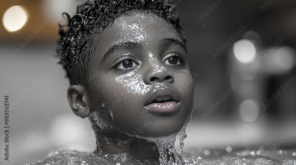 The boy's face looks happy playing in the water The boy's face looks happy playing in the water