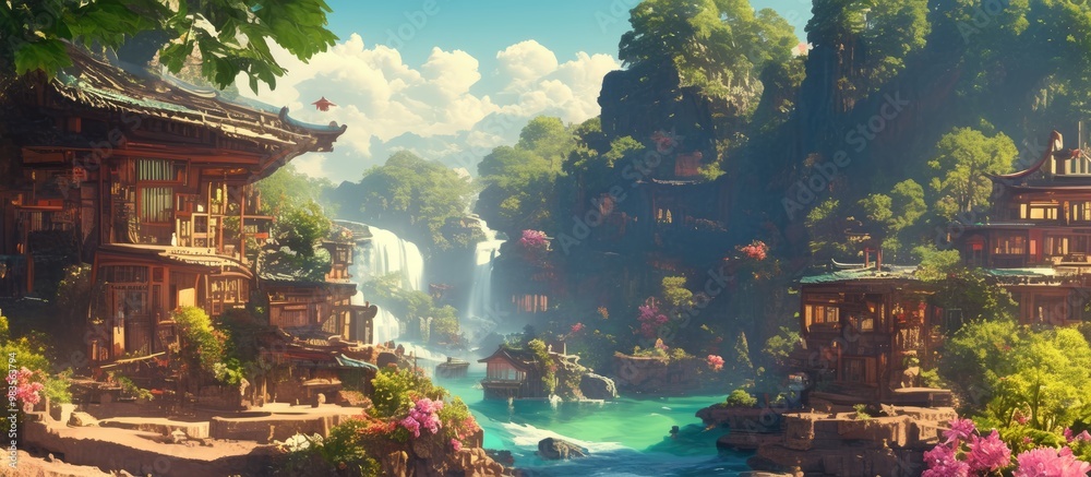 Obraz premium Digital collage featuring a scenic view of ancient houses vibrant flowers and cascading waterfalls ideal for wallpaper poster design and mural or fresco applications 3D rendering included