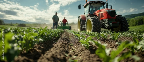 Agricultural workers operating advanced farming equipment in smart fields