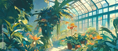 Springtime painting of a botanical garden featuring vibrant flora and lush greenery