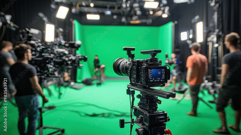 Film crew using cutting-edge cameras and equipment on a green screen set Film crew using cutting-edge cameras and equipment on a green screen set