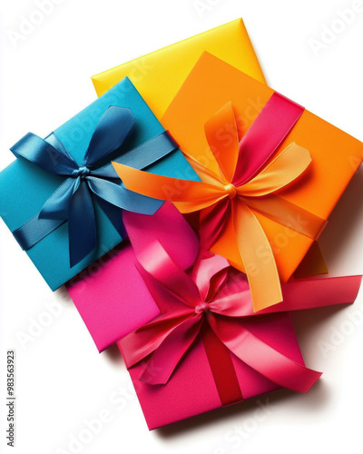 A stack of colorful presents with ribbons tied around them. The colors are bright and cheerful, suggesting a festive occasion