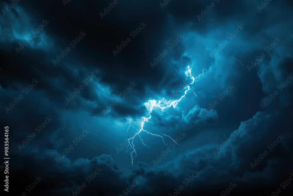 Fototapeta premium A stormy sky with a lightning bolt in the middle. The sky is dark and the lightning bolt is bright