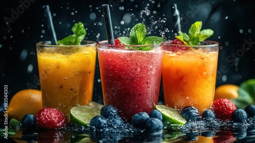 Vibrant Drinks Display on Dark Surface with Fresh Fruit Garnishes.