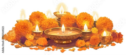 Decorative puja thali featuring diya marigold flowers and various petals isolated on a white background with selective focus