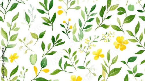 Vector artwork featuring elegant light green and yellow floral patterns on a white background ideal for decorative wallpaper or children s book illustrations photo