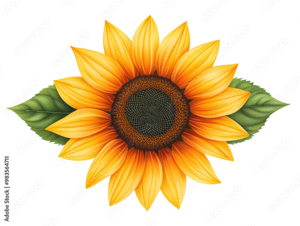 Naklejka premium Vibrant sunflower design showcasing detailed petals and leaves, Watercolor and PNG