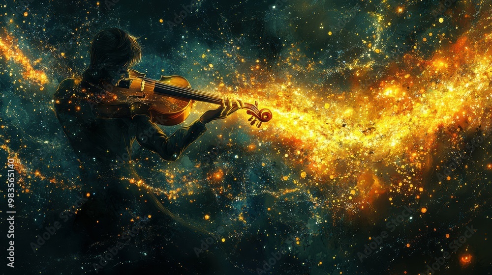 Musician composing, musical notes swirling and forming magical creatures Musician composing, musical notes swirling and forming magical creatures