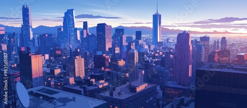 Panoramic painting of a downtown cityscape featuring towering skyscrapers Urban skyline at dusk showcasing the essence of modern city life from a high angle photo