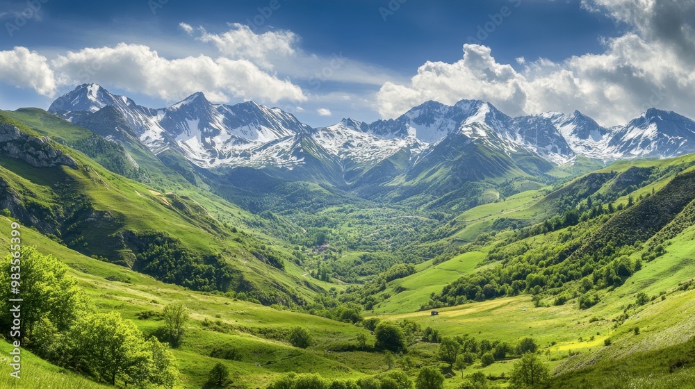A panoramic view of the French Pyrenees, with lush green valleys and snow-capped peaks. A panoramic view of the French Pyrenees, with lush green valleys and snow-capped peaks.