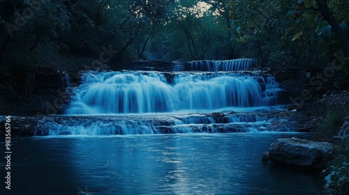 Cascading waterfall in twilight, long exposure creating silky blue water streams