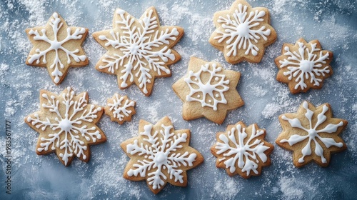 Delicious snowflake-shaped cookies decorated with icing, ideal for winter celebrations and holiday gatherings.