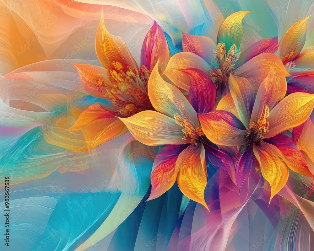 Vibrant fractal design featuring decorative floral elements on an abstract backdrop Vibrant fractal design featuring decorative floral elements on an abstract backdrop
