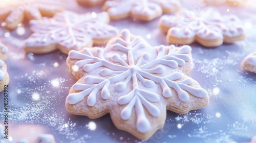 Delicate snowflake cookies adorned with white icing, perfect for winter festivities and holiday gatherings. Sweet seasonal treat.