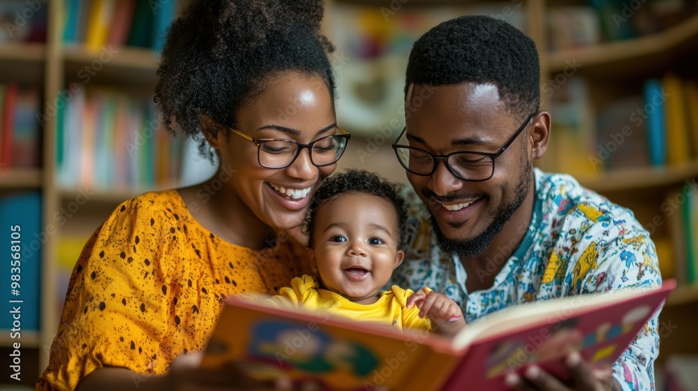 Beaming parents reading a storybook to their young child, the infant's rapt attention and the vivid illustrations bringing the tale to life Beaming parents reading a storybook to their young child, the infant's rapt attention and the vivid illustrations bringing the tale to life