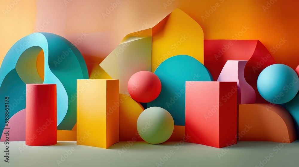 Group of abstract geometric shapes playfully interacting with one another, the solid-colored environment allowing the forms to take center stage Group of abstract geometric shapes playfully interacting with one another, the solid-colored environment allowing the forms to take center stage