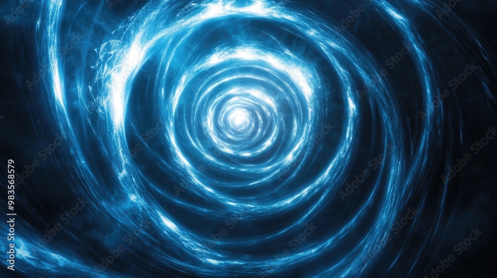 Mystical blue spiral light beams set against a dark background