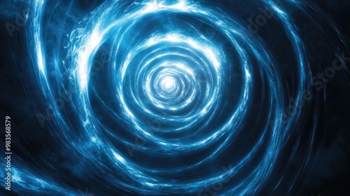 Mystical blue spiral light beams set against a dark background