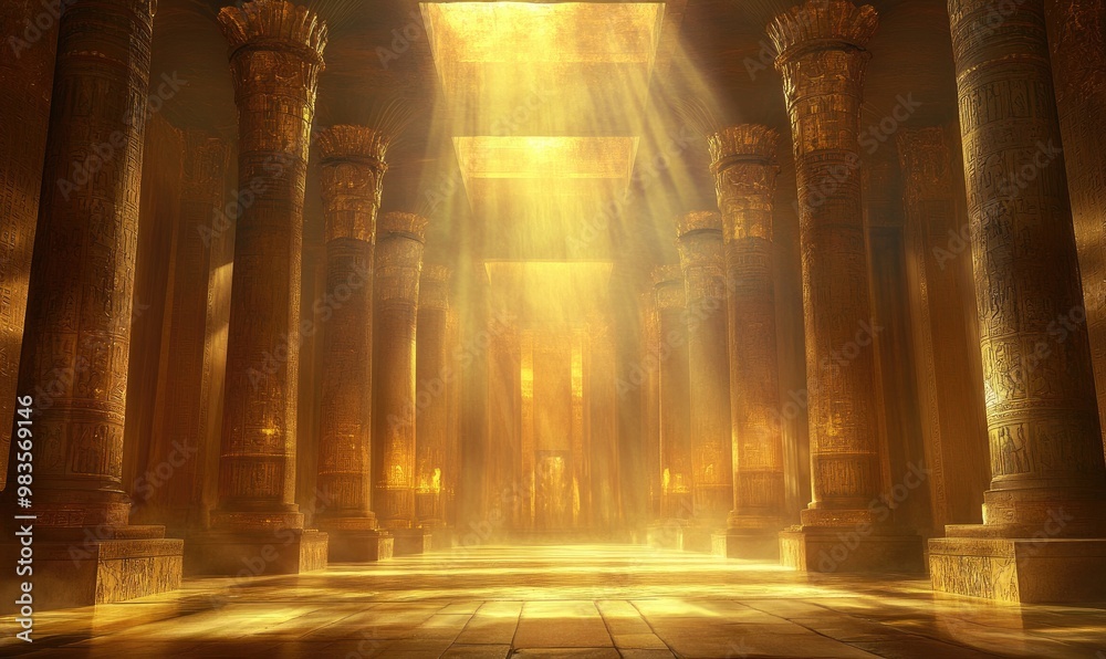 Fantasy Egyptian setting featuring a hall with columns illuminated by golden light and rays showcasing the essence of an ancient goddess