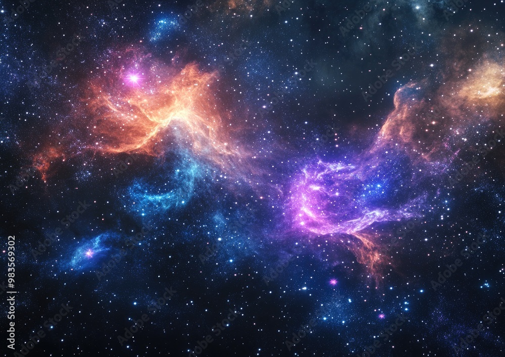 Fototapeta premium Vibrant expansive nebula featuring young stars set against a cosmic backdrop created through 3D illustration
