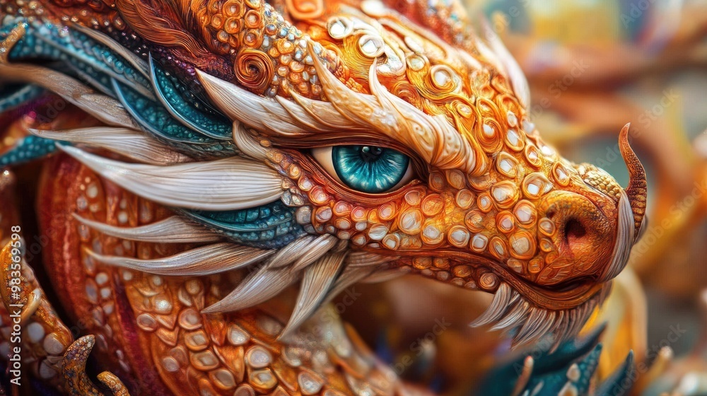 Close up of a fantasy dragon with intricate details and vivid colors Close up of a fantasy dragon with intricate details and vivid colors