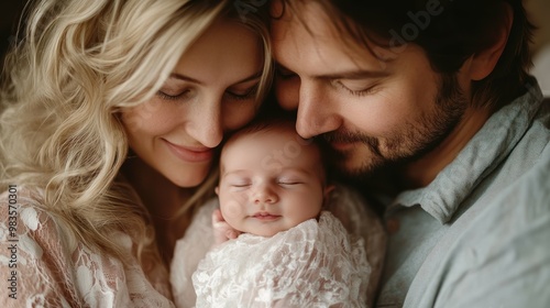 Proud parents holding their newborn baby, the infant's tiny features and the parents' beaming smiles conveying the pure love and joy of new parenthood