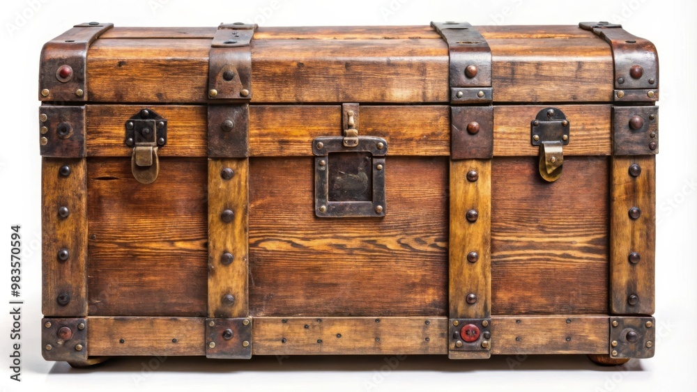 Rustic wooden trunk or chest isolated on white background with vintage design Rustic wooden trunk or chest isolated on white background with vintage design
