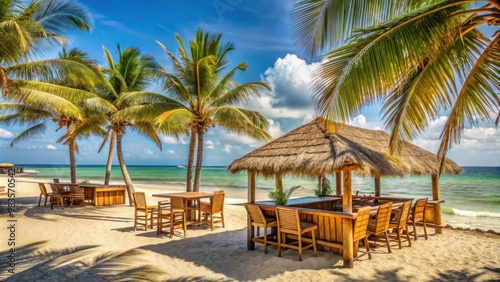 Tropical Beach Bar in Zanzibar with Wooden Furniture and Palm Trees